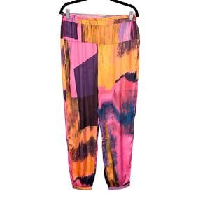 Brooke Coleman Pants Womens Large Orange Pink Elastic Waist Flowy Harem Casual